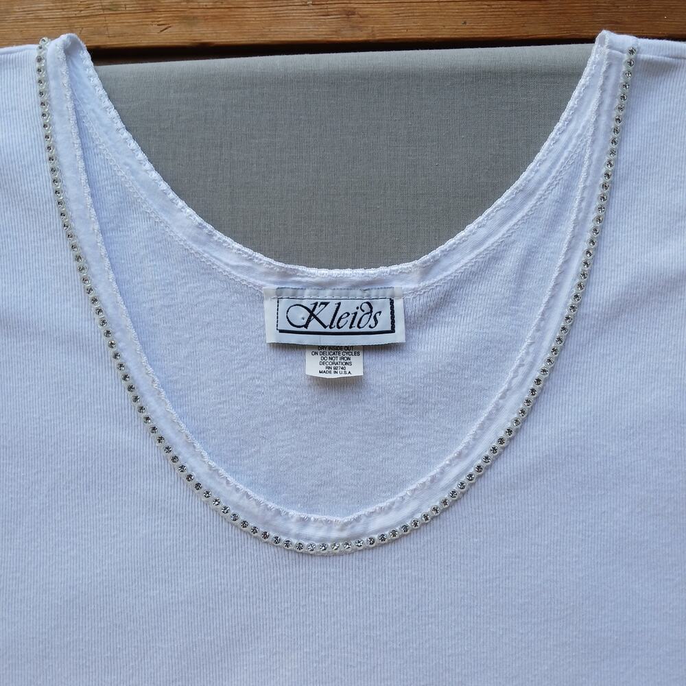 Kleids Classic White Tank Top OS Large rhinestone scoop neck seamless cotton vtg - Picture 6 of 11